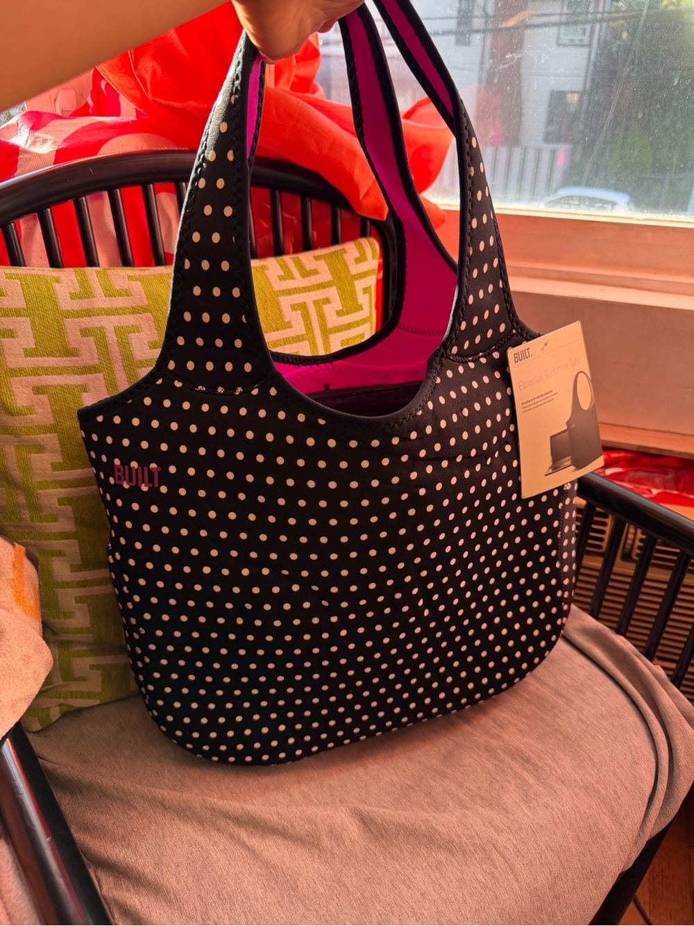BUILT Black Polka Dot Tote with Pink Interior